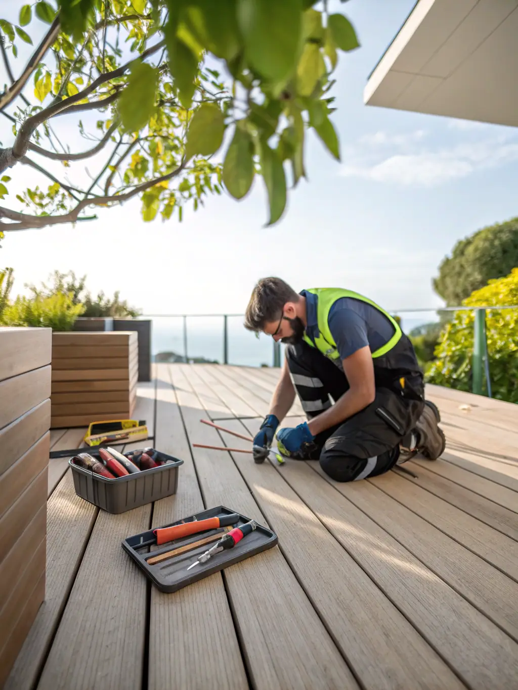 An image of a Sentinel Power Wash LLC team member inspecting a freshly cleaned deck, highlighting their attention to detail and commitment to quality.