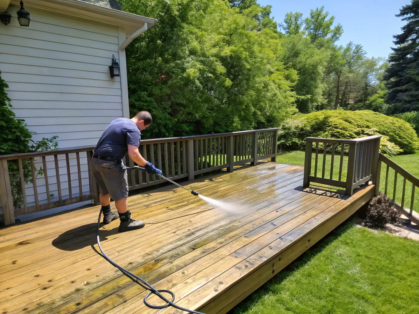 A wooden deck being cleaned with a power washer, revealing the natural wood color.