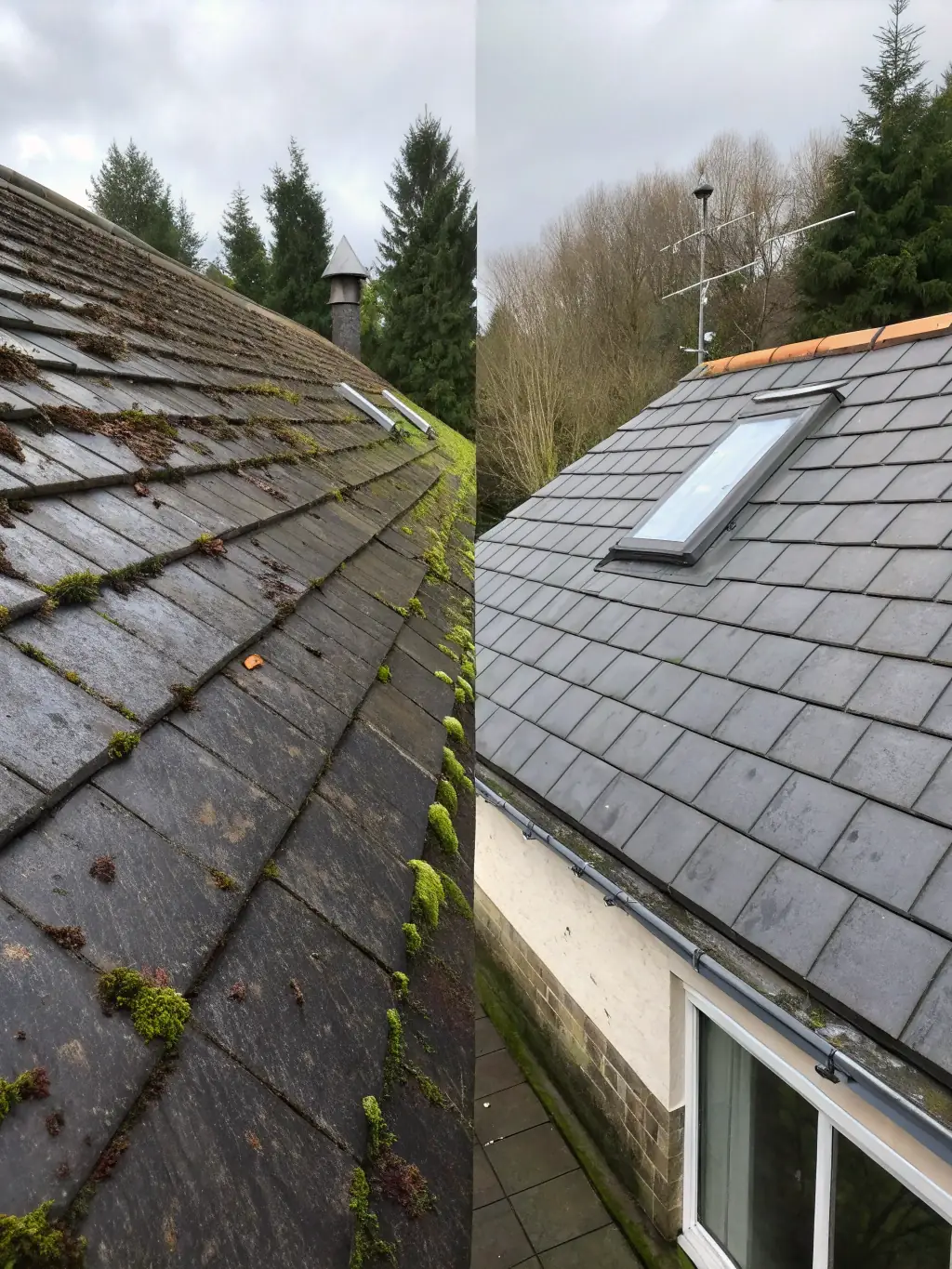 A before-and-after split image showing a roof covered in moss and the same roof after being cleaned by Sentinel Power Wash LLC, demonstrating the transformative power of their roof cleaning service.