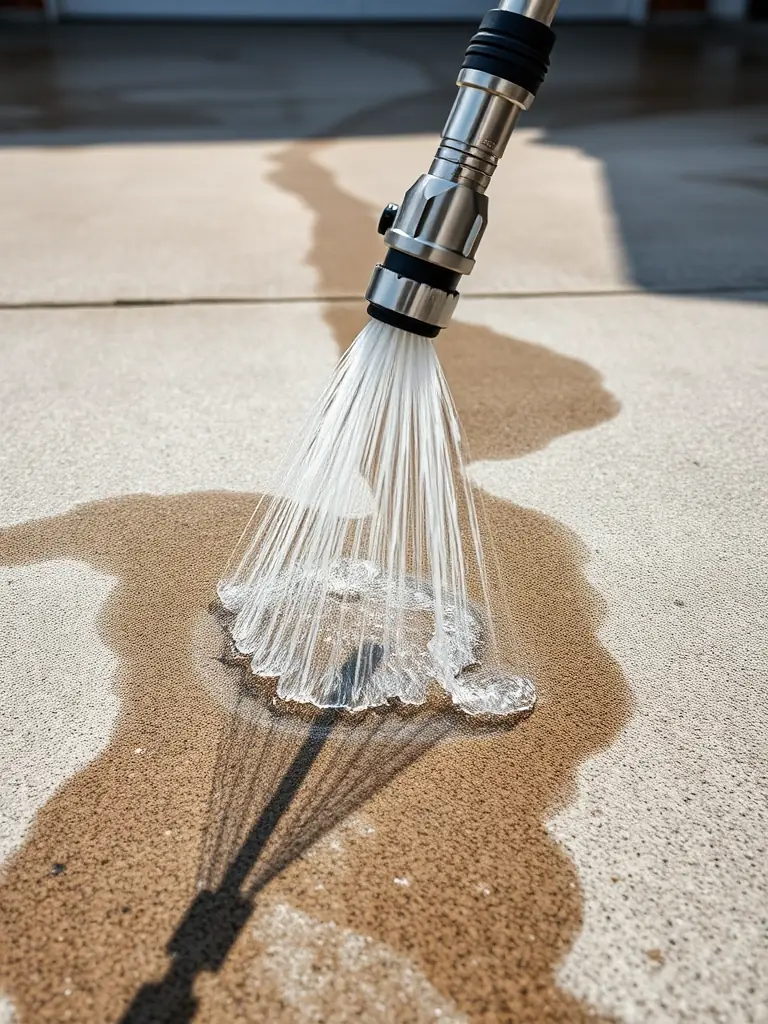 A close-up shot of a technician from Sentinel Power Wash LLC using a pressure washer to clean a heavily soiled driveway, showcasing the immediate impact of their service.