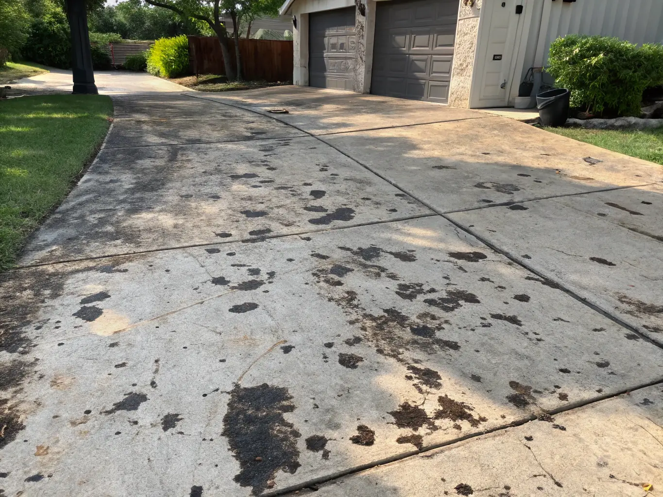 A residential driveway covered in dirt and oil stains before power washing, with a clear contrast showing the potential for improvement.