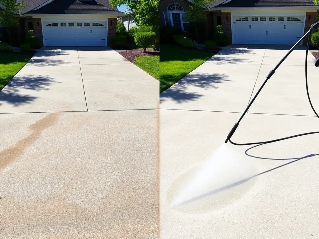 A clean driveway with a clear line between the cleaned and uncleaned sections, showing the transformation.