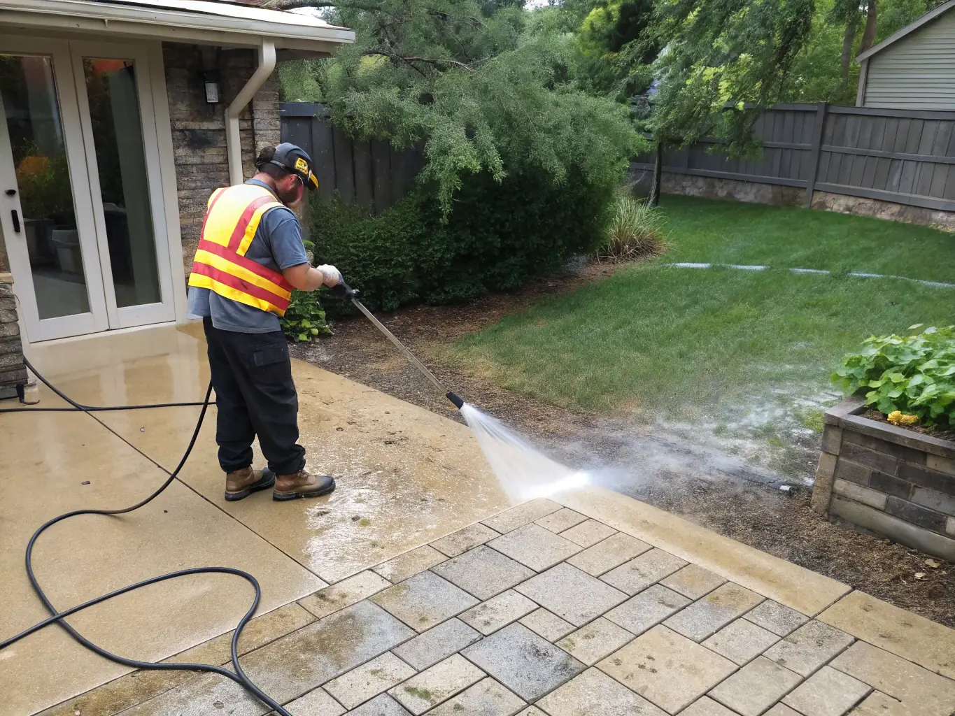 A professional technician using a pressure washer on a house siding with water spray in action.